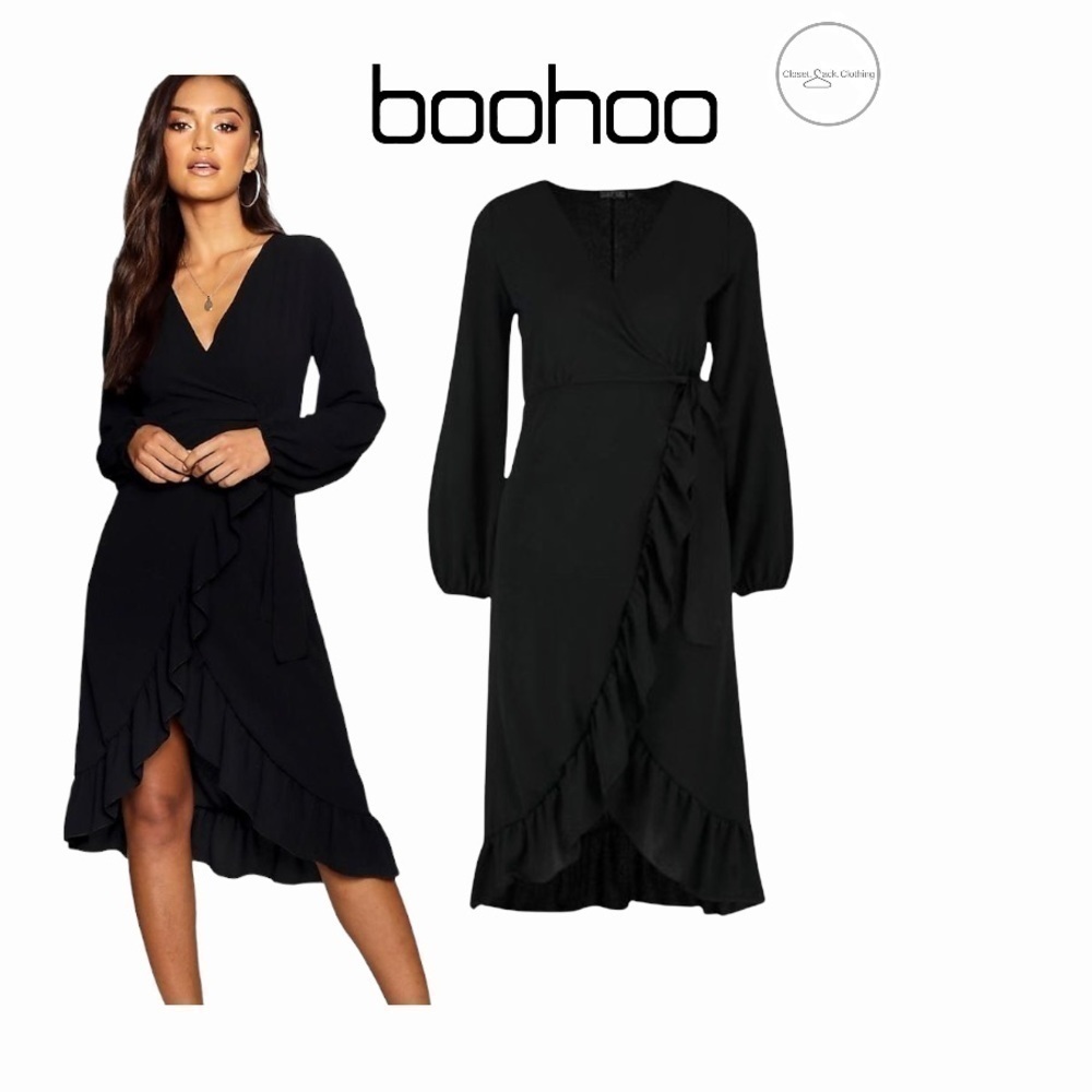 Nwt Boohoo Petite Black Woven Wrap Midi Dress Size 4